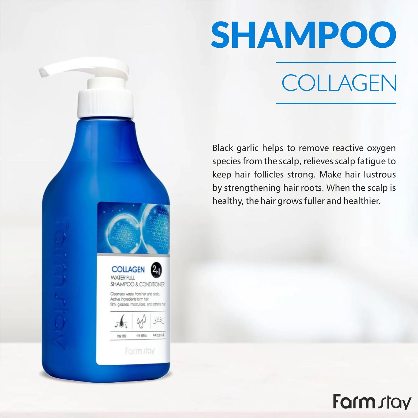 FARM STAY Collagen Water Full Shampoo & Conditioner 530ml - hydratační šampón a kondicionér 2v1 s kolagenem