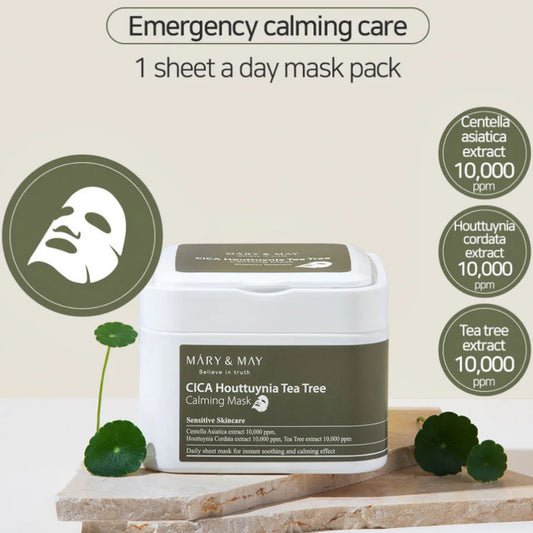 MARY&MAY Cica Houttuynia Tea Tree Calming Mask 30ks- Jednorázové zklidňující masky s tea tree