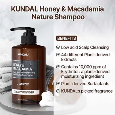 KUNDAL Honey & Macadamia Pure Natural Shampoo (Baby Powder) 500ml- přírodní vlasový šampón na suché a poškozené vlasy